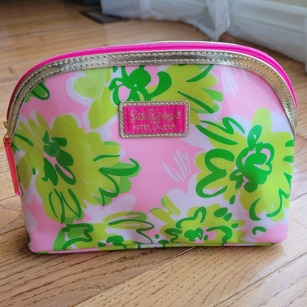 Lilly Pulitzer for Estee Lauder Pink Green Floral Zip Makeup Bag Clutch Purse